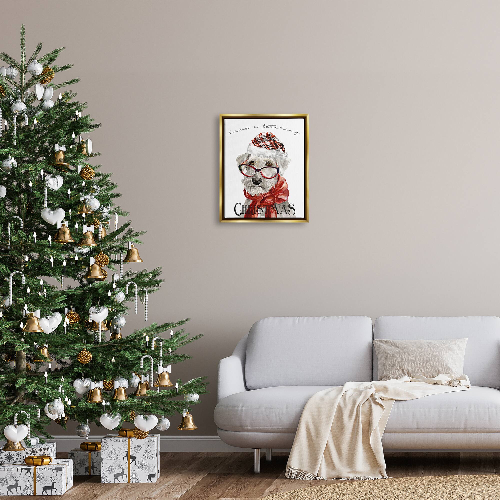 Stupell Industries Have a Fetching Christmas Dog Gold Framed Floater Canvas Wall Art